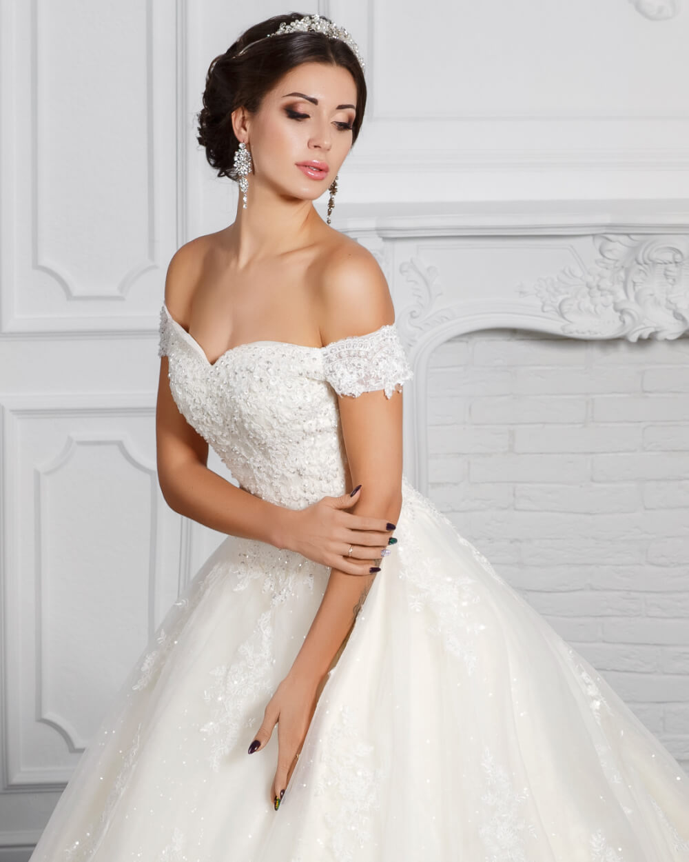 Off Shoulder Bridal Ball Gown - White, XL