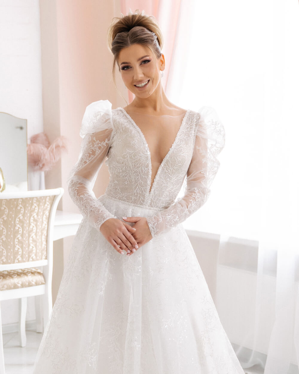 A Line Long Sleeve Gown - White, S